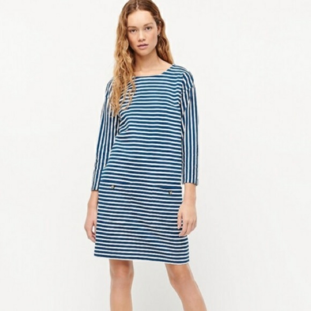 New!! J.Crew Teal Blue Knit Front Pocket Shift Dress In Stripe M 8 10 AY632 NWT